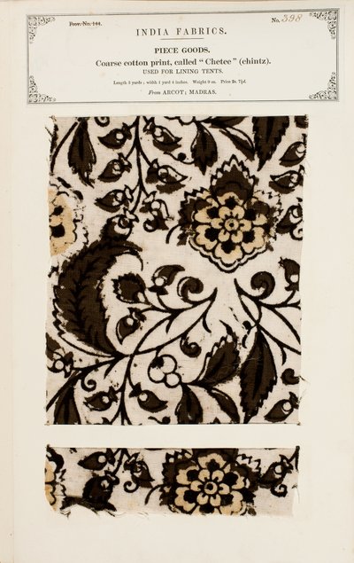 Próbka grubej bawełny z wzorem cheee (perkal) z Arcot w Madrasie, z The Collection of the Textile Manufacturers of India, Johna Forbesa Watsona, opublikowanej w 1866 r. autorstwa Indian School