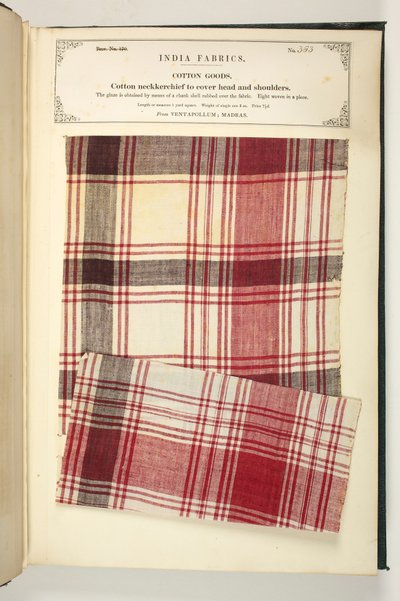 Bawełniana chusta na głowę i ramiona z Ventapollum w Madrasie, z „The Collection of the Textile Manufacturers of India”, Johna Forbesa Watsona, opublikowana w 1866 (media mieszane) autorstwa Indian School
