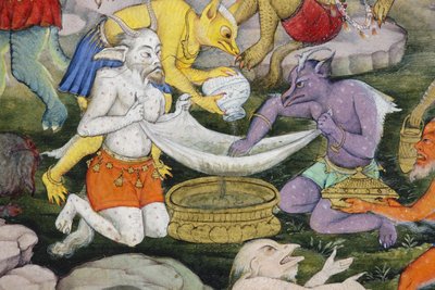 Fragment obrazu Demony w dzikim krajobrazie, ok. 1600 (nieprzezroczysta toaleta i złoto na papierze) autorstwa Indian School