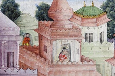 Fragment obrazu Krishna rozszczepia demona Narakasurę ze swoim dyskiem, ok. 1585-90 (nieprzezroczysta toaleta i złoto na papierze) autorstwa Indian School
