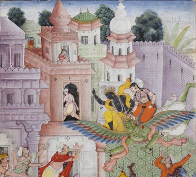 Fragment obrazu Krishna rozszczepia demona Narakasurę ze swoim dyskiem, ok. 1585-90 (nieprzezroczysta toaleta i złoto na papierze) autorstwa Indian School
