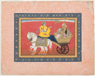 Dialog Kryszny i Ardżuny na polu bitwy pod Kurukszetrą, ok. 1820 (nieprzezroczysta akwarela i złoto na papierze) autorstwa Indian School