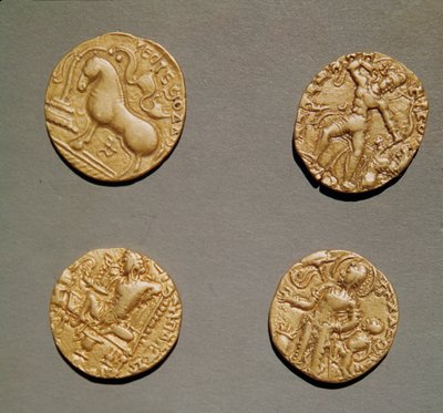 Dinary Samudragupta (335-375) Kumaragupta I (415-454) i Chandragupta I (320-335) (złoto) autorstwa Indian School