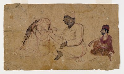 Rysunek trzech siedzących postaci, ok. 1750 (tusz i kolor na papierze) autorstwa Indian School