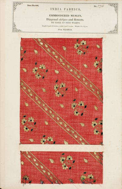 Próbka haftowanego muślinu z Madrasu, z The Collection of the Textile Manufacturers of India, autorstwa Johna Forbesa Watsona, opublikowana w 1866 r. autorstwa Indian School