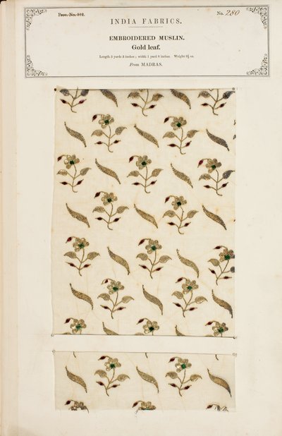 Próbka haftowanego muślinu z Madrasu, z The Collection of the Textile Manufacturers of India, autorstwa Johna Forbesa Watsona, opublikowana w 1866 r. autorstwa Indian School