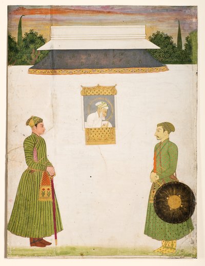 Cesarz Aurangzeb w oknie jharokha, na pierwszym planie dwóch szlachciców, ok. 1710 (nieprzezroczyste wc złoto na papierze) autorstwa Indian School