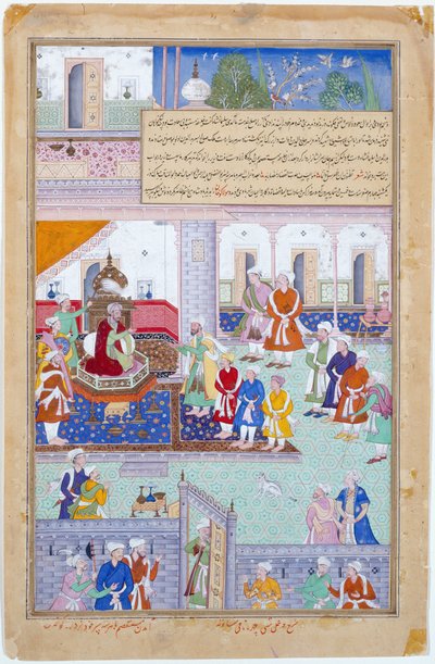 Cesarz Babur na dworze, okres Mogołów, panowanie Akbara autorstwa Indian School