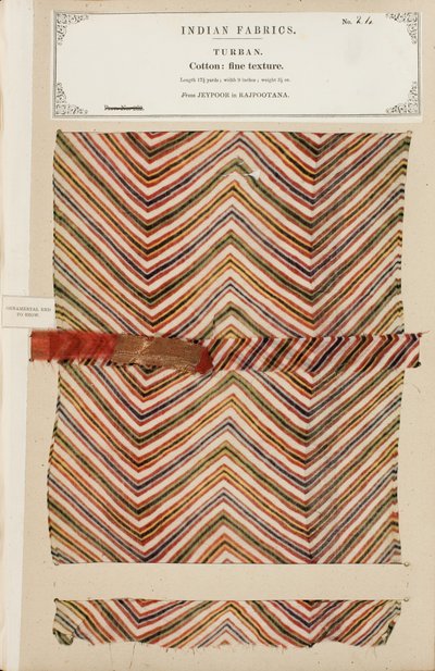Próbka delikatnego bawełnianego turbanu z Jeypoor w Rajpootanie, z The Collection of the Textile Manufacturers of India, Johna Forbesa Watsona, opublikowana w 1866 roku autorstwa Indian School