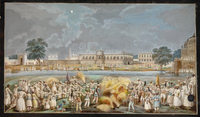 Pokaz sztucznych ogni w jasną księżycową noc przed Agna Mahal, częścią pałacu Nawab nad rzeką w Murshidabad, ok. 1790-1800 (akwarela na papierze) autorstwa Indian School
