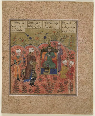 Folio z Shahnama (Księgi Królów) Firdawsiego (zm. 1020); Rustam przed Kay Kaus (nieprzezroczysta akwarela, tusz i złoto na papierze) autorstwa Indian School