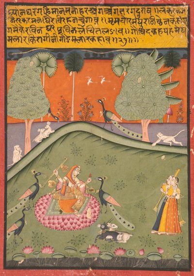 Gaurmalar Ragini z Megh, ok. 1720 (nieprzezroczysta toaleta i złoto na papierze) autorstwa Indian School