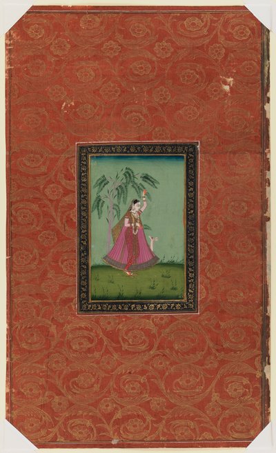 Dziewczyna z jeleniem, 1875-1900 (nieprzezroczyste wc i złoto na papierze) autorstwa Indian School