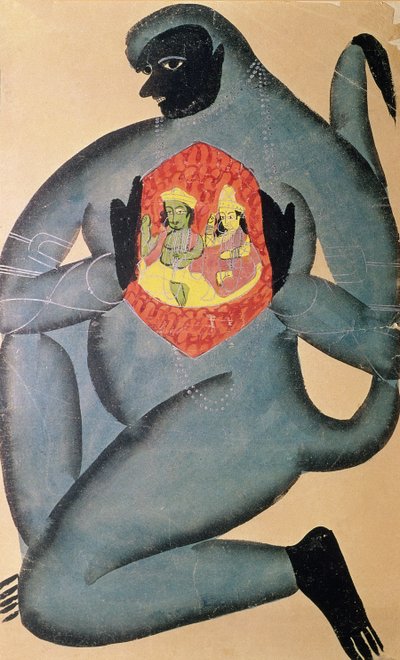 Hanuman ukazujący Ramę i Sitę zapisaną w jego sercu, namalowany przez członka kasty Patua, 1880 autorstwa Indian School