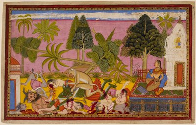 Hanumān atakuje demony, niszczy ogród przyjemności i pokonuje siły Rāvaṇa, podczas gdy Sītā patrzy. 1653 (miniatura) autorstwa Indian School