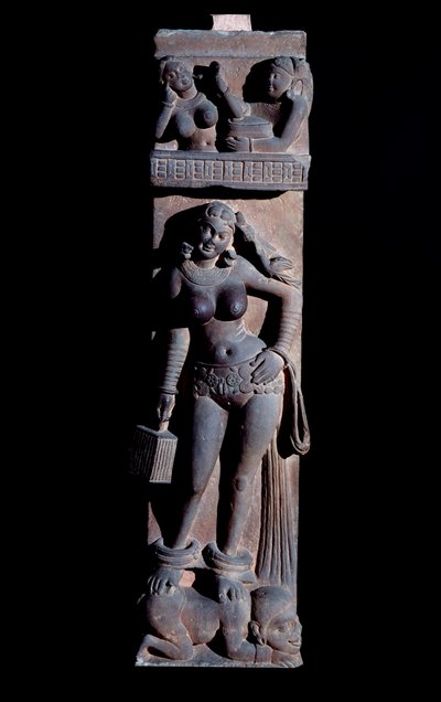 Hinduizm: przedstawienie ducha natury Yakshini (Yaksi), trzymająca klatkę i papugę, stoi na karze - (Yaksi z papugą i klatką, stoi na karze) Rzeźba Mathury, gres (rzeźba Mathura , piaskowiec) II w. (II w.) autorstwa Indian School