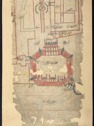 IO Islamski 4725 Fort Delhi i obszar na północy, fragment ze zwoju przedstawiający „Drogę z Delhi do Kandaharu” (tusz i kolor na papierze) autorstwa Indian School