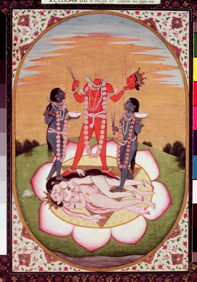 Ikona Chinnamasta, Mahavidya wyrastająca z połączonych ciał Pierwotnej Pary, Kangra, ok. 1800 r. (gwasz na papierze) autorstwa Indian School