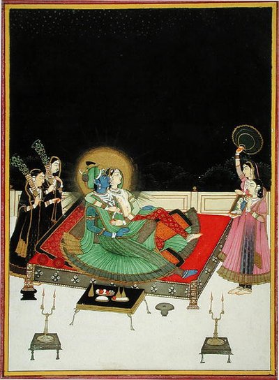 W. 67.23 Radha i Krishna podziwiają się w lustrze, ok. 1800 (welum) autorstwa Indian School