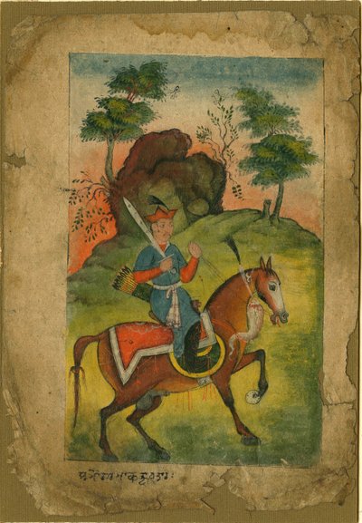 Uzbrojony indyjski kawalerzysta - Sztuka indyjska - ok. 1930 r. 1500 - Gwasz na papierze - 20,3x14 - Kolekcja prywatna autorstwa Indian School