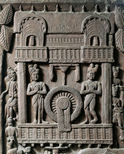 Sztuka indyjska, hinduizm: płaskorzeźba przedstawiająca ostatnią wizytę króla Prasenjita II u Gautamy Buddy (Buddy). II wiek p.n.e. Kalkuta, Muzeum Indii autorstwa Indian School