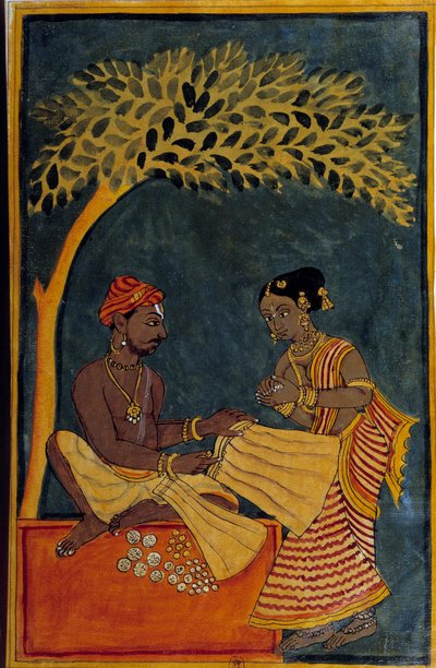 Sztuka indyjska: handlarz tkaninami. Akwarela około 1760 r. Paryż, B.N. autorstwa Indian School