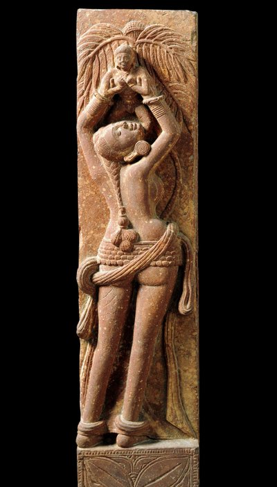 Sztuka indyjska: płaskorzeźbione pończochy przedstawiające matkę i jej dziecko. Okres Kouchane (Kouchan lub Kushan) I wiek - New Delhi, muzeum narodowe autorstwa Indian School