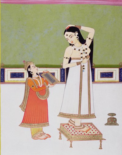 Hinduska w toalecie patrząca na siebie w lustrze (gwasz i złoty liść na papierze) autorstwa Indian School