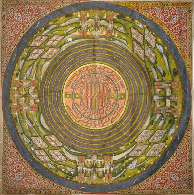 Dżinowski diagram wszechświata (Jambudvipa) (gwasz na bawełnianej tkaninie) autorstwa Indian School
