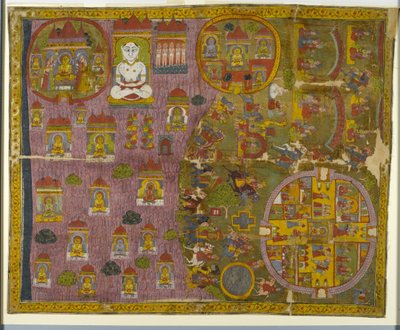 Pielgrzymka Jain, wykonana w Radżastanie, ok. 1750 (nieprzezroczysta toaleta i złoto na tkaninie) autorstwa Indian School