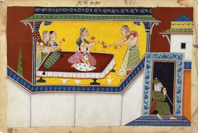 Kajkeji, druga królowa króla Daśarathy, nagradzanie garbusa służącej Manthary, ok. 1690-1700 autorstwa Indian School
