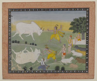 Krishna pokonujący byka demona (akwarela na papierze) autorstwa Indian School