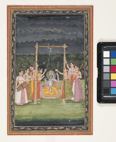 Krishna Rendezvous With Gopi (gwasz i płatki złota na papierze) autorstwa Indian School