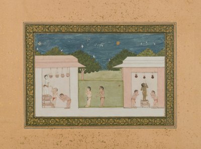 Krishna Stealing Curds, ok. 1775 (nieprzezroczysta toaleta i złoto na papierze) autorstwa Indian School