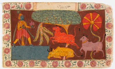 Kryszna i krowy w stawie, z Bhagavata Purany (nieprzezroczyste toalety na papierze) autorstwa Indian School