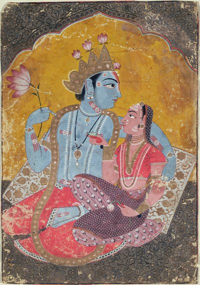 Krishna i Radha, ok. 1690-1700 (nieprzezroczyste wc z wytłoczonym złotem na papierze) autorstwa Indian School