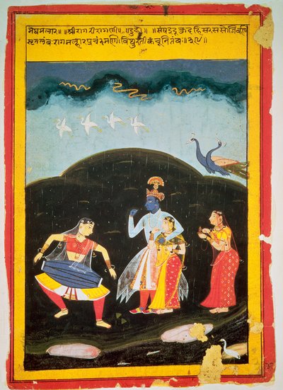 Kryszna i Radha w deszczu z dwoma muzykami, Radżastan autorstwa Indian School
