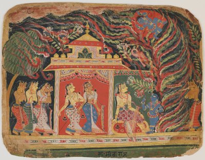 Kryszna porwany przez demona trąby powietrznej z Bhagavata Purany. c.1520-30 (nieprzezroczyste wc na papierze) autorstwa Indian School