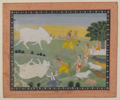 Kryszna pokonuje demona byka (nieprzezroczysty wc na papierze) autorstwa Indian School
