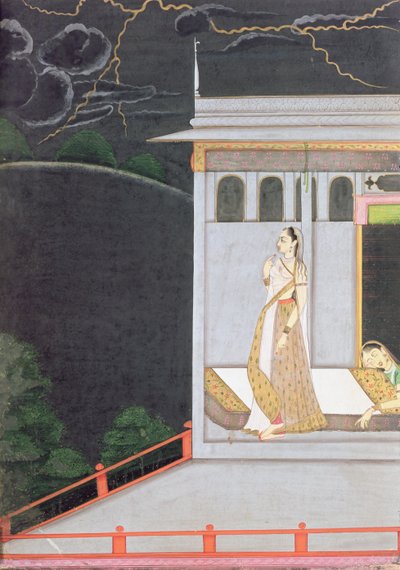 Dama czekająca na kochanka, z "Vasakasayya Nayika", jedna z bohaterek hinduskiej retoryki, Wzgórza Pendżabu, ok. 1760 r. autorstwa Indian School
