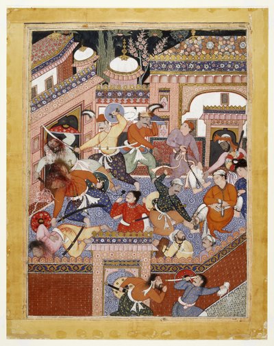 Prowadzeni przez Songhura Balkhiego i Lulu Szpiega, Ayyars podcięli gardła strażnikom więziennym i uwolnili Saida Farrukha-Nizhada, 1557 - 1572 (nieprzezroczysta akwarela i złoto na bawełnianej tkaninie) autorstwa Indian School