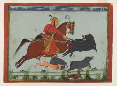 Maharaja Pratap Singh II z Mewar Hunting Boar, ok. 1750-75 (akwarela, złoto i srebro na papierze) autorstwa Indian School