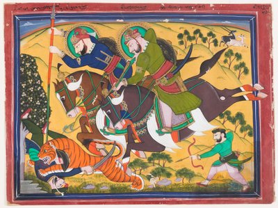 Maharadża Ram Singh polujący na tygrysa, druga ćwierć XIX wieku (akwarela na papierze) autorstwa Indian School