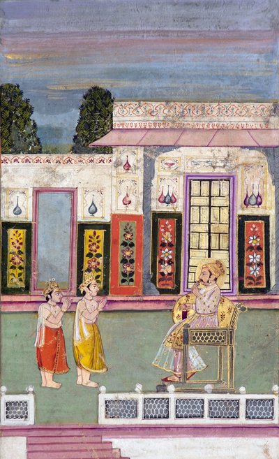 Maharaja Sawai Jai Singh witany przez dwóch koronowanych mężczyzn, ok. 1735 (nieprzezroczysta toaleta i złoto na papierze) autorstwa Indian School