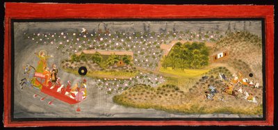 Maharana Jagat Singh II sokolnik i polowanie na dzika, ok. 1740 (nieprzezroczyste w/c, srebro i złoto na papierze, zamontowane na stronie albumu) autorstwa Indian School