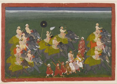 Maharana Sangram Singh of Mewar jedzie w procesji słoni, Udaipur, Radżastan, ok. 1730-40 (nieprzezroczysta toaleta i złoto na papierze) autorstwa Indian School