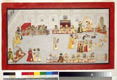 Maharana Sangram Singh ze swoimi dziećmi i dworzanami, ok. 1715 (nieprzezroczysta toaleta i złoto na papierze, zamontowane na stronie albumu) autorstwa Indian School