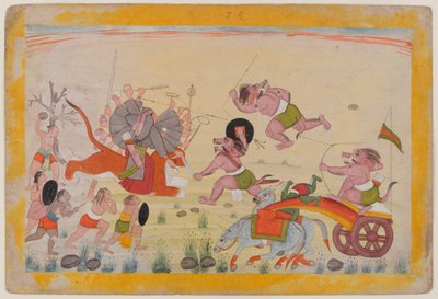 Mahasura atakuje Devi, folio z rozproszonej serii Devi Mahatmya, ok. 1770-80 (wc na papierze) autorstwa Indian School