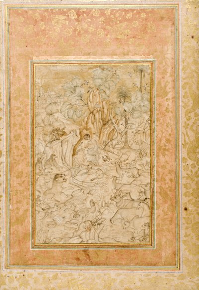 Majnun na pustyni, ok. 1595 (nieprzezroczysta toaleta i złoto na papierze) autorstwa Indian School