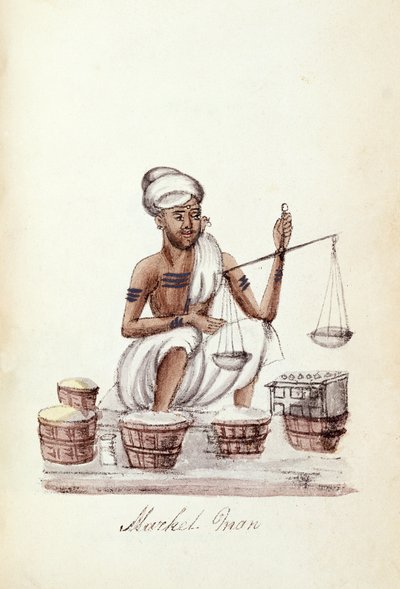 Sprzedawca, z „Przeglądu różnych kast Indii”, Venkata Ramasvani, opublikowany Madras 1837 (kolor lito) autorstwa Indian School